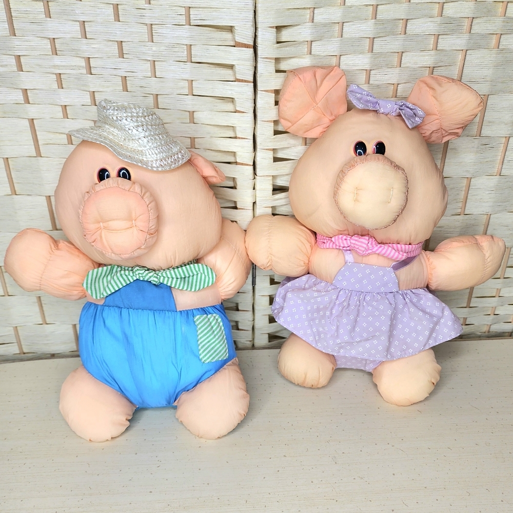 Vintage MTY International Plush Farmer Pig Couple Nylon Plush